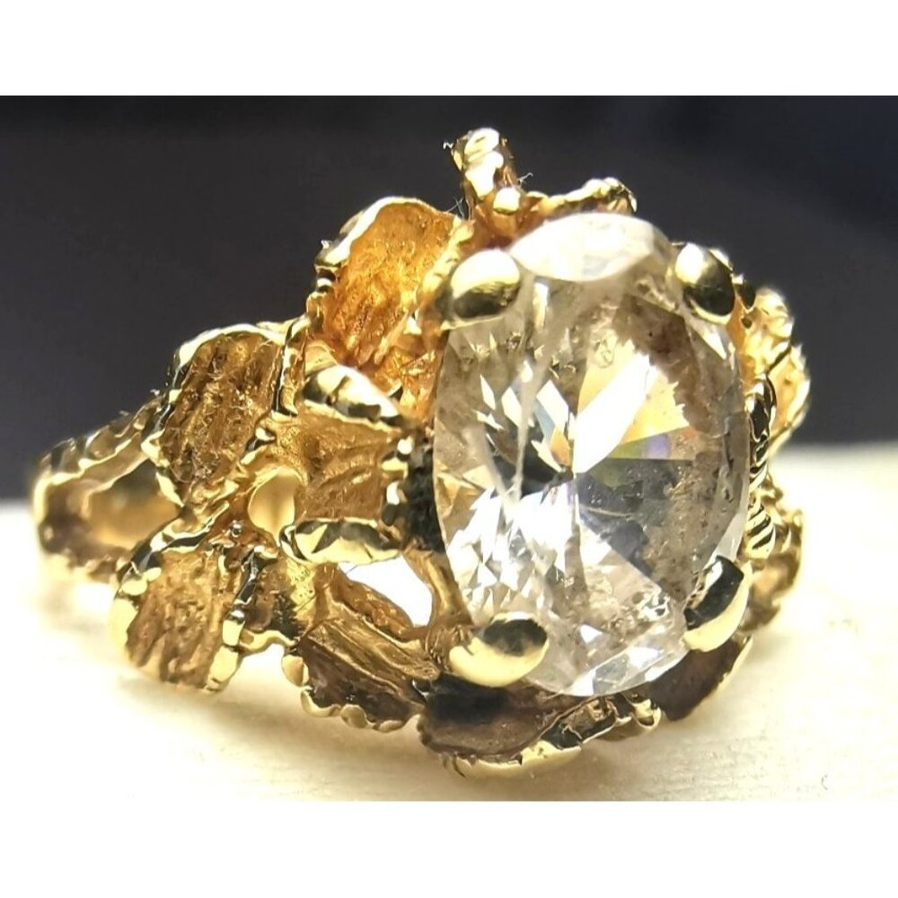 Ring 10kt Gold Leaf Pattern Stone Oval Crystal Quartz Vintage Resized Size 5.5